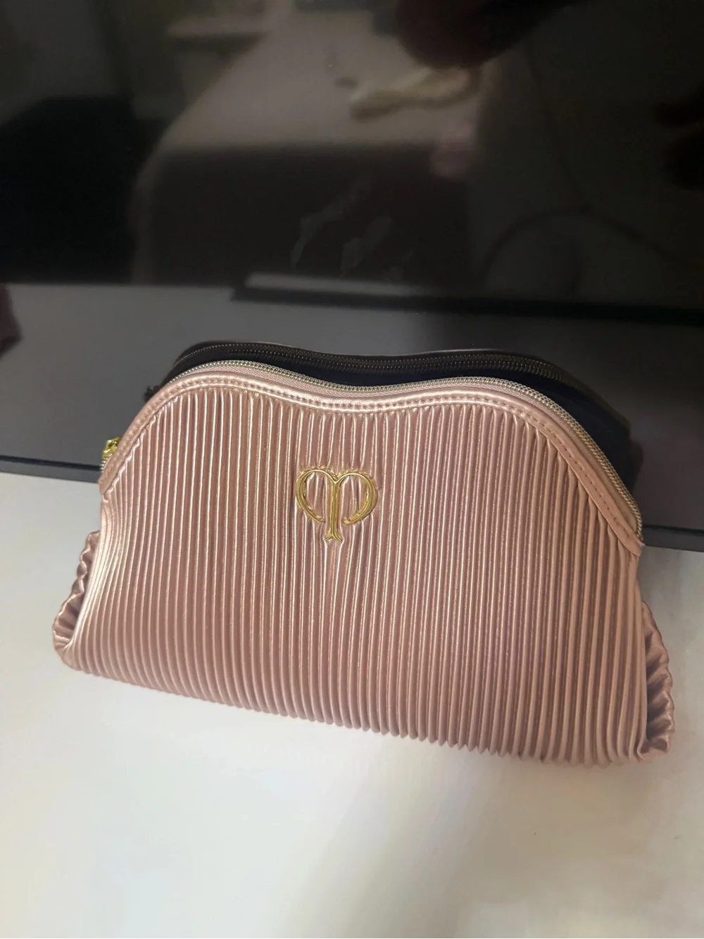 Pleated Blush Cosmetic Pouch with Gold Heart Logo